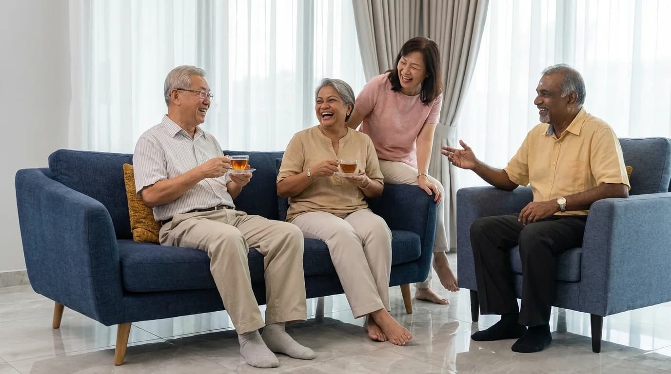 Warm, home-like lounge at a Blue Atria assisted living residence