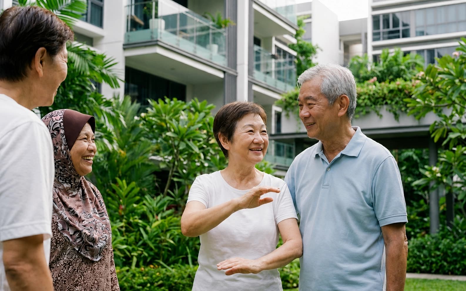 Seniors enjoying outdoor time at a Blue Atria assisted living facility in Singapore